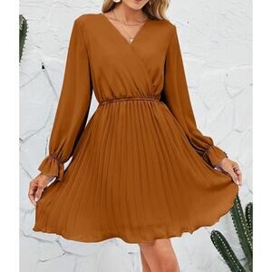 Women's BBX Lephsnt Fall Orange V Neck Pleated Elastic Waist Dress Size Small